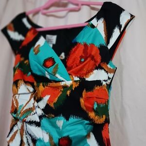 Colorblock Floral Sleeveless Dress - Turquoise, Orange, Black